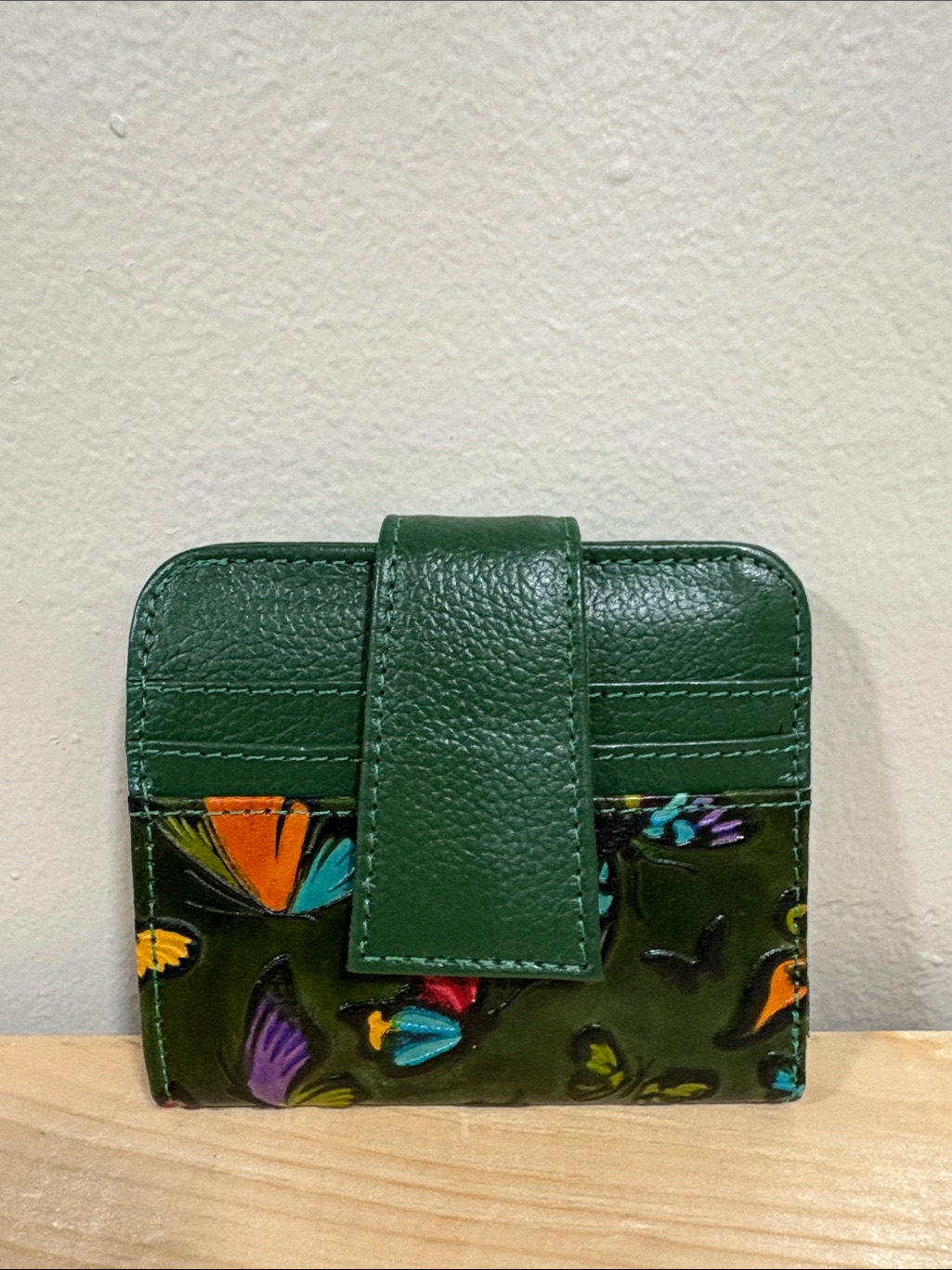 Green Butterfly Embossed Leather Card Wallet